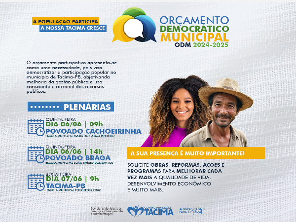 Prefeitura de Tacima lança calendário 2024 das audiências do Orçamento Democrático Municipal. Confira!
