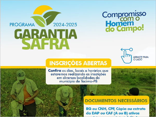 PREFEITURA DE TACIMA INICIA INSCRIÇÕES PARA O PROGRAMA GARANTIA SAFRA 2024-2025 NA PRÓXIMA SEGUNDA-FEIRA (16).